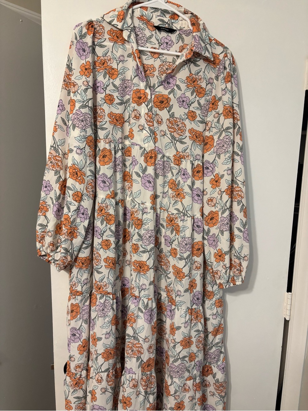 Women’s Floral Long Sleeve Maxi Dress - White with Orange & Lavender Flowers
